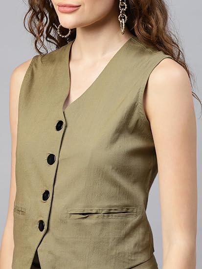 Women's Solid WaistCoat for Women V Neck Button Closure Sleeveless Waist Coat